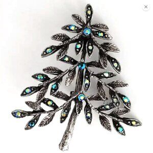 Vintage Pewter Tree Brooch Aurora Boraelis Crystals 2" Unsigned